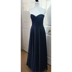 Dessy  Group Women's Strapless Dress Blue Lace Flowy Maxi Gown Measures Small
